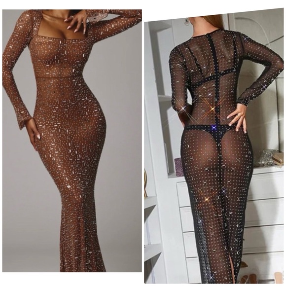 ‼️WOW‼️OhPolly Dress SEXY brown Mocha color LONG SLEEVE MAXI RHINESTONES DRESS‼️ - Picture 1 of 11